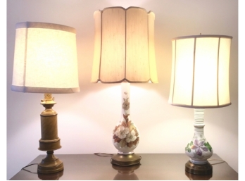 Three Vintage Hand Painted Glass And Metal Lamps