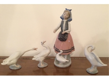 Lladro 'Josefa Feeding Duck' #5201 With Box Set Of Ducks - 4pcs Total