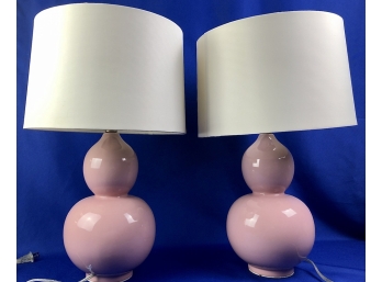 Pink Double Gourd Ceramic Table Lamps With Matching Finials & Contemporary Shades