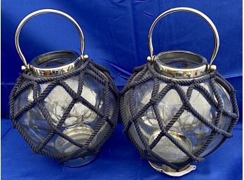 Pair Large Nautical Glass Votive Globes With Silver Handles & Navy Roping Overlay