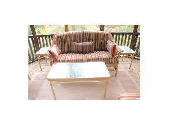 Quality All Weather Wicker Sofa, Coffee Table And Two Side Tables. Cushions Were Custom-made.