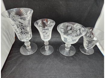 Tiffin Fuschia Pattern, Set Of Crystal Water, Wine, Cordial Goblets - Etched Stemwar