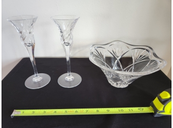 Waterford Crystal Marquis Bowl And Two Vintage Crystal Flutes