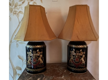 Vintage Tin Hand Painted Coats Of Arms Lamps W/ Shades