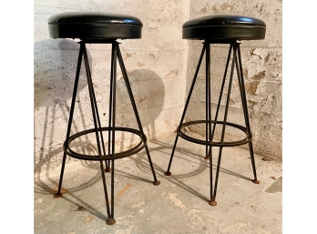 Vintage Pair Of Mid Century Modern Iron Bar Stools In The Manner Of Frederick Weinberg