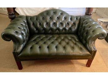 Vintage Green Leather Tufted Rolled Arm Chesterfield Settee Sofa