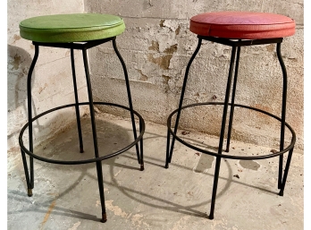 Vintage Pair Of Mid Century Modern Iron Bar Stools In The Manner Of Frederick Weinberg