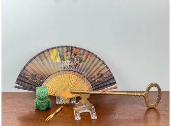 GIANT BRASS KEY, CARVED STONE AZTEC, FAN and PIQUE