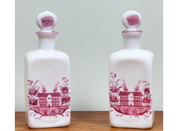 (2) ANTIQUE PINK LUSTER MILK GLASS BARBER BOTTLES