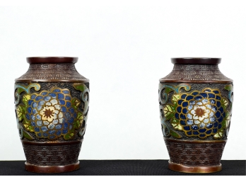 PAIR CHINESE BRONZE & CHAMPLEVE VASES