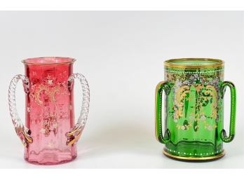 (2) MOSER ENAMEL DECORATED LOVING CUPS