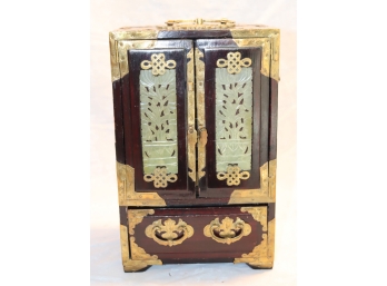 Old Chinese Rosewood & Brass W/ Carved Jade Jewelry Box