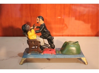 Vintage Cast Iron - Dentist Pulling Teeth - Mechanical Coin Bank Vintage Reproduction