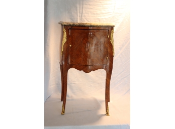 Vintage French Inlaid Wood Marble Top Side Table Cabinet