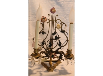 Vintage Brass 2 Candelabra Light Porcelain Flowers Table Lamp