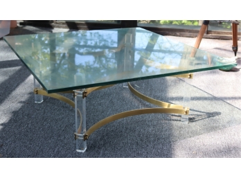 Glass Top Lucite And Brass Base Coffee Table