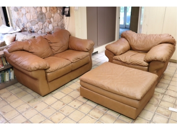 3 Piece Brown Leather Loveseat, Chair And Ottoman