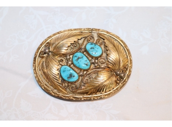 Vintage Turquoise And Sterling Silver Belt Buckle