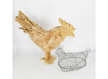 Large Wooden Rooster & Chicken Wire Hen Basket