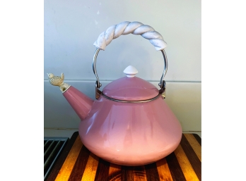 K: Pretty Pink Enamel Tea Kettle W/ Bird Shaped Whistle