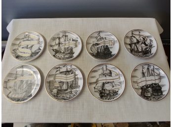 Set Of Eight Velieri Ship Decorated Cup Plates Made Exclusively For Bonwit Teller