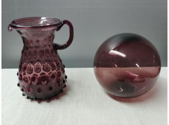 6 In Amethyst Hobnail Picture And 5 Inch Hand Blown Amethyst Glass Float