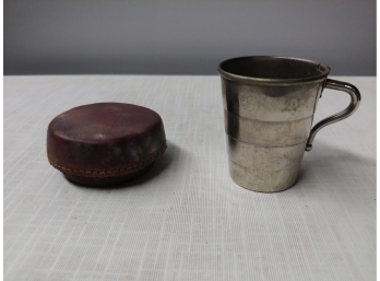 Antique Collapsible Cup With Hinged Handle And Original Leather Case