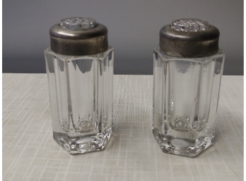 Pair Early Nineteen Hundreds Glass Salt And Pepper Shakers  With Nickel Over Brass Tops With Glass Inserts