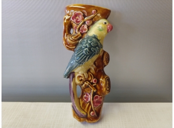 Vintage Japanese Majolica Wall Pocket With Parrot