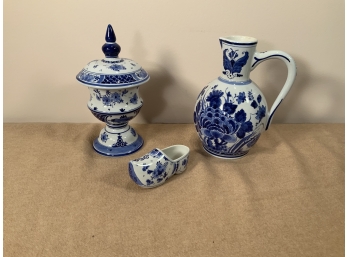 Lot Of 3 Vintage Delft Blue And White Porcelain Items