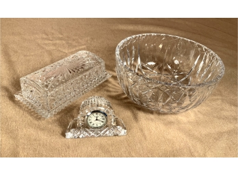 3 Waterford Crystal Items, Clock, Bowl, Butter Dish