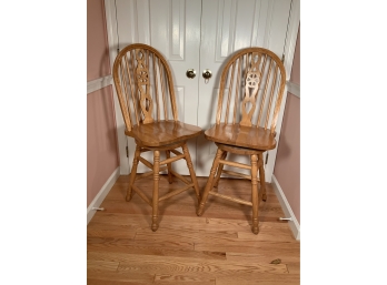 2 Solid Oak Windsor Style Swivel Bae Chairs American Made