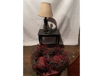 Small Table, Lamp And Christmas Decorations