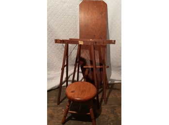 Lot Antique Wooden Iron Board, Antique Round Wood Stool And Two Antique Stand Or Cutting Or Quilt Racks