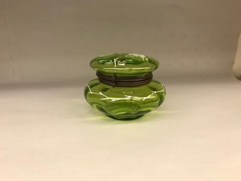 99- Enamel Decorated Green Art Glass Dresser Jar