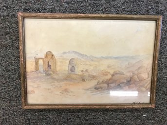 92 - Watercolor Of Greek Or Roman Ruins Signed Dated