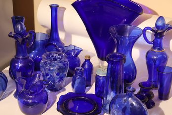 31 - Cobalt Glass Lot With Fan Vase