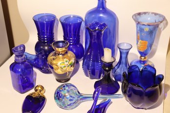 32 - Cobalt Glass Lot With Swan Figure