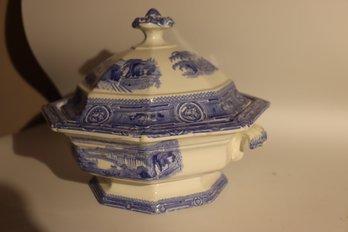 65 - Antique Blue Transfer Covered Casserole