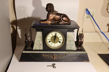 91 - Incredible Egyptian Revival Marble Clock With Mounts