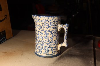 207- Antique Blue And White Sponge Ware Pitcher