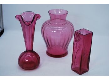 3 Pieces Of Red Pink Vases-12