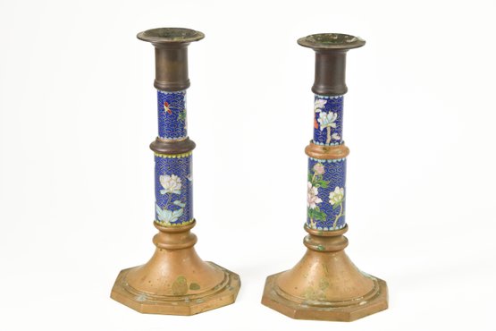 Vintage Cloisonne Enamel Inlay Brass Candlesticks