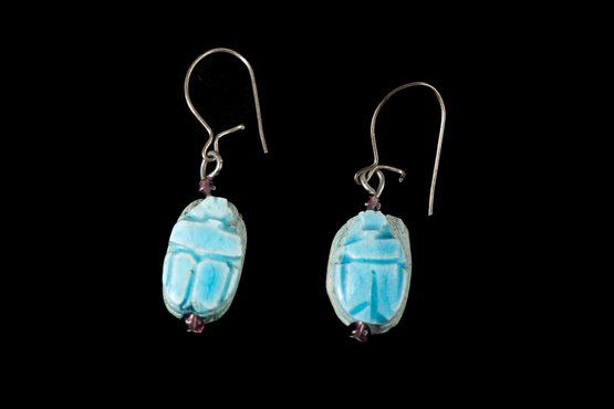 Blue Ceramic Scarab Wire Dangle Earrings