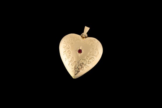 Gold Tone Engraved Heart Pendant W/ Red Rhinestone