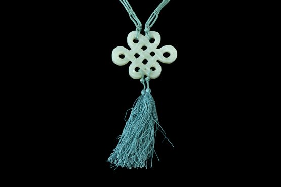 Chinese Hand Carved Green Stone Jade? Eternal Endless Knot Pendant Necklace