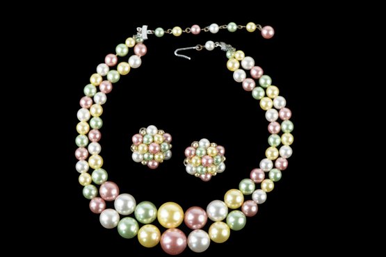 Vintage Signed Japan Beaded Pastel Color Necklace & Clip On Earring Set