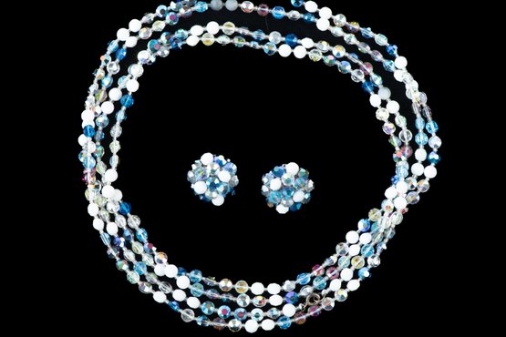 Vintage Blue Aurora Borealis Beaded Necklace & Clip On Earrings
