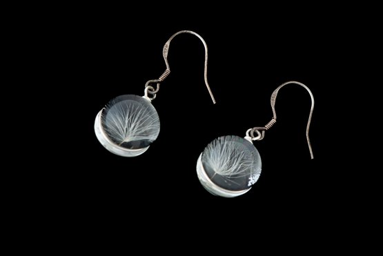 Dandelion Inside Clear Round Glass 925 Sterling Silver Earrings