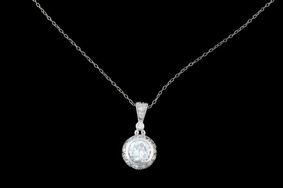 Clear Stone Round Solitaire Halo 925 Sterling Silver Pendant On Sterling Necklace